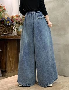 Moongor Vintage Loose Split Wide Leg Pants Non-stretch Denim Blue Bottoms With Pockets, Baggy Mid-rise Bottoms With Elastic Waistband, Non-stretch Denim Blue Pants With Pockets, Casual Non-stretch High Rise Bottoms, Baggy Denim Blue Bottoms For Fall, Baggy Full-length Jeans With Elastic Waistband, Baggy Jeans With Elastic Waistband, Non-stretch Washed Blue Wide Leg Bottoms, Baggy Mid-rise Denim Blue Bottoms