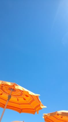 several orange umbrellas sitting on the beach under a bright blue sky with sun shining through them