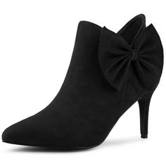 These bow decor ankle boots with a coordinating stiletto heel, modish in trend and fashion, dress them with everything from denim to tailoring; Ankle Boots; Bow Decor; Stiletto Heels; Pointed Toe; Side Zip Closure; Vamp: Faux Suede; Outsole: Rubber; Heel: ABS Heel Height: 3 1/3 inches. Size: 6.5. Color: black. Gender: female. Age Group: adult. Pattern: Solid. Material: denim/suede. Bow Boots, Womens Stilettos, Bow Decor, Bow Heels, Black Heel Boots, Heels Boots, Rubber Heels, Heeled Ankle Boots, Black Ankle Boots