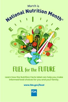 Globe with vegetables. Text states “ March is National Nutrition Month”. Fuel for the Future. Learn how the Nutrition Facts label can help you make informed choices for you and your family. www.fda.gov/food Nutrition Poster Design, Nutrition Month Poster, Mint Juice Recipe, Mint Juice, Nutrition Infographic, Nutrition Facts Label