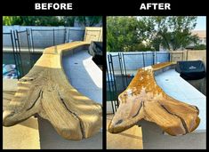 before and after photos of a wooden bench in an outdoor pool area, with the rest of the bench removed