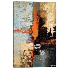 an abstract painting with orange and blue colors on the bottom half of it's frame