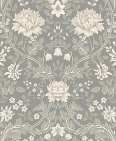 a gray and white floral wallpaper with flowers on the bottom, in an ornate pattern