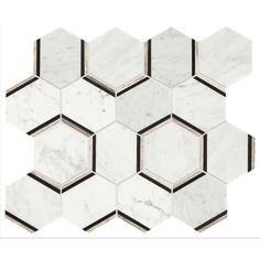 marble hexagon tiles with black and white lines in the middle, on a white background