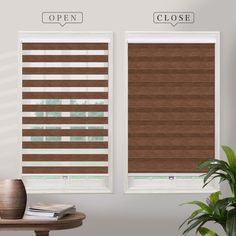 two windows with blinds open and closed in the same room, one has a potted plant