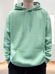 kkboxly Men's Fleece Loose Long Sleeve Drop Shoulder Hoodie – Kkboxly™ Solid Color Cotton Hoodie For Streetwear, Casual Hooded Hoodie In Solid Color, Casual Solid Color Hooded Hoodie, Green Fleece Hoodie With Pockets, Solid Color Fleece Hoodie, Green Winter Hoodie, Drop Shoulder Hoodie, Loose Long Sleeve, Mens Fleece