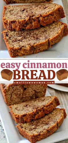 sliced loaf of easy cinnamon bread on a white plate with the title in the middle