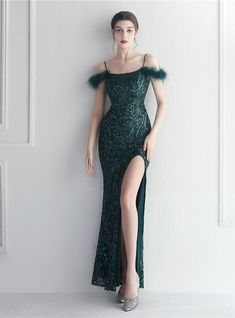 Own the night in this luxurious feathered party dress, designed to captivate and impress. The off-the-shoulder straps adorned with soft feathers add a touch of whimsical elegance, while the intricate sequin detailing ensures you sparkle with every move. The high slit provides a sultry glimpse of your legs, perfect for showcasing your favorite heels. Crafted from high-quality materials, this dress offers a comfortable fit that flatters your figure beautifully. Ideal for formal events, galas, and cocktail parties, this dress combines timeless elegance with modern allure. The blush hue serves as a versatile canvas for accessorizing, allowing you to personalize your look with ease. Whether you choose bold statement jewelry or subtle, elegant pieces, this dress will complement your style perfec Green Mermaid Dress, Black Mermaid Dress, Baroque Dress, Fishtail Maxi Dress, Beaded Party Dress, Cocktail Parties, Green Sequins, Maxi Dress Formal, Mermaid Dress