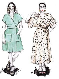 two women's dresses, one in green and the other in white with polka dots