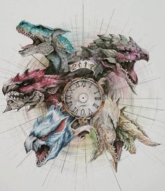 a drawing of some kind of animal with a clock on it's face and other animals around it