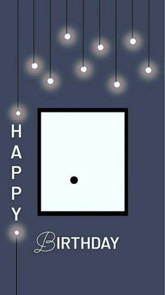 a happy birthday card with lights hanging from the ceiling and a square in the middle