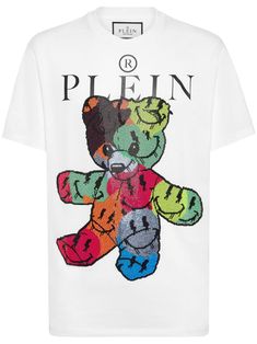 white/multicolour cotton crew neck logo print to the front teddy bear motif stud detailing drop shoulder short sleeves straight hem Philipp Plein T Shirt, Bear T Shirt, Philipp Plein, Bear Print, T Shirt Vest, Leather Patches, Logo Print, Drop Shoulder, Cotton T Shirt