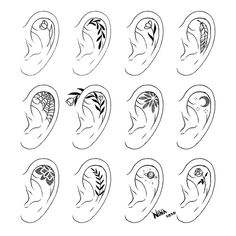 the different types of ear piercings are shown in black and white, including one with an