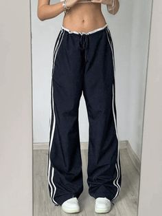 Low Waist Striped Straight-Fit Wide-Leg Sweatpants Street Ribbon Contrast Color Wide Leg Pants - AnotherChill Color Wide Leg Pants, Casual Sweatpants, Baggy Trousers, Weave Style, Colored Pants, Baggy Pants, Side Stripe, Bagpack, Sport Pants