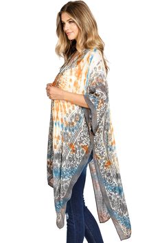 Effortless kimono silhouette with an ultra light scarf feel, an open-front and bold paisley prints and a contrast tie-dye wash. Perfect for layering over casual outfits or over a swimsuits. CARE | Hand Wash Cold CONTENTS | 100% Viscose MEASUREMENTS | 38"/97 cm Top to Bottom (Size O/S) MODEL | 5'8 - wearing O/S IMPORTED Casual Summer Kimono With Paisley Print, Casual Summer Paisley Print Kimono, Spring Paisley Print Open Front Kimono, Spring Open Front Paisley Print Kimono, Casual Beach Kimono With Paisley Print, Long Summer Kimono With Paisley Print, Bohemian Tie Dye Kimono, Long Kimono With Paisley Print For Summer, Bohemian Batik Print Kimono For Summer