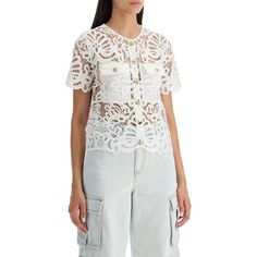 Crafted from delicate floral guipure lace, this top by Self-Portrait offers a timeless elegance. With a front button closure embellished with glistening jewel buttons and a refined round neckline, it exudes luxury. Finished with two chest pockets with flaps, this regular fit top is a must-have for sophisticated wardrobes. The model is 5'8 tall and wears a UK size 6. Guipure Lace Top, Makeup Travel Case, White Lace Top, Guipure Lace, Travel Makeup, Top Sales, Beauty Accessories, Self Portrait, Workout Tops