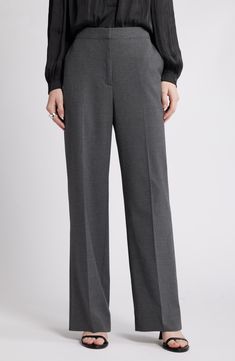 Effortlessly move from office hours to happy hour in trouser-style pants cut in a classic straight-leg silhouette with a hint of easy-moving stretch. Zip fly with hook-and-bar closure 58% polyester, 24% viscose, 14% wool, 4% spandex Dry clean Imported Tailored Straight Leg Work Pants For Office, Tailored Wide Leg Career Pants, Classic Wide Leg Pants With Straight Hem For Office, Classic Straight Leg Career Bottoms, Classic Work Pants With Straight Hem For Office, Classic Straight Hem Work Pants For Office, Classic Office Work Pants With Straight Hem, Tailored Wide Leg Pants For Business Casual, Tailored Straight Leg Dress Pants For Career