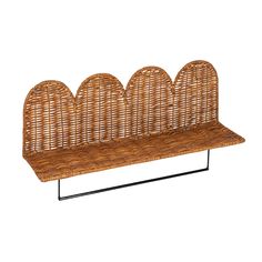 a bench made out of wicker with metal frame and back support, sitting on a white background