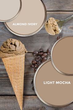 three different shades of ice cream and coffee beans with the words almond ivory light mocha