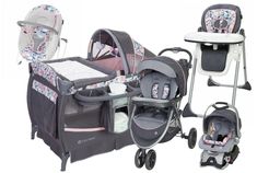 two baby strollers and one infant car seat