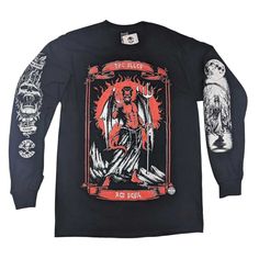 Gothic Red Devil Tshirt with Printed Long Sleeves: Gothic Red Devil Print on solid black 100% cotton long sleeve mens tshirt. Sleeves printed with new gothic style artwork. Gothic Long Sleeve T-shirt For Fall, Gothic Long Sleeve Cotton T-shirt, Long Sleeve Halloween T-shirt For Alternative Fashion, Long Sleeve Band Merch Tops For Alternative Fashion, Alternative Long Sleeve Fall T-shirt, Alternative Long Sleeve T-shirt For Fall, Long Sleeve Punk Graphic T-shirt, Alternative Long Sleeve Streetwear Shirt, Long Sleeve Graphic Print T-shirt For Alternative Fashion