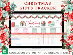 the christmas gift tracker is displayed on a computer screen with red flowers and greenery around it