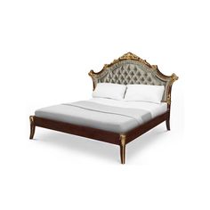 the bed is made up with white sheets and gold trimmings on it's headboard