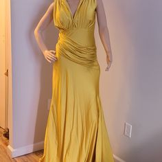 This Dress Is Not Brand New But Was Worn Once. It's In A Very Good Condition , It Stretches Ruched A-line Evening Dress For Party, Gold A-line Fitted Evening Dress, Yellow Fitted A-line Evening Dress, Fitted A-line Yellow Evening Dress, Fitted Yellow A-line Evening Dress, Ruched A-line Cocktail Evening Dress, A-line Ruched Evening Dress For Cocktail, A-line Evening Dress With Ruched Detail For Cocktail, A-line Cocktail Evening Dress With Ruched Details