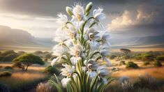 a large white flower sitting on top of a lush green field under a cloudy sky