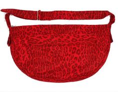 a red leopard print purse on a white background with the strap down to it's side