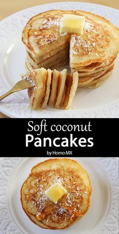 pancakes with butter and syrup on top are shown in three different pictures, one is