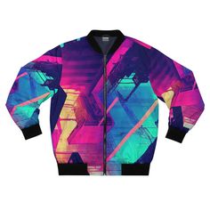 Men's Bomber Jacket Cyberpunk Jacket Zip up Jacket - Etsy Romania Pink Punk Outerwear For Streetwear, Punk Multicolor Outerwear For Streetwear, Punk Style Multicolor Long Sleeve Outerwear, Punk Multicolor Long Sleeve Outerwear, Jacket Cyberpunk, Futuristic Jacket, Cyberpunk Jacket, Bright Jacket, Vaporwave Art