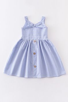 Girl's Blue Stripe Print Dress Casual Light Blue Cotton Dress, Light Blue Cotton Sundress For Spring, Blue Cotton Summer Sundress, Blue Cotton Sundress For Summer, Light Blue Cotton Sundress, Cute Cotton Sundress For Spring, Blue Casual Cotton Sundress, Casual Blue Cotton Sundress, Blue Sleeveless Cotton Sundress