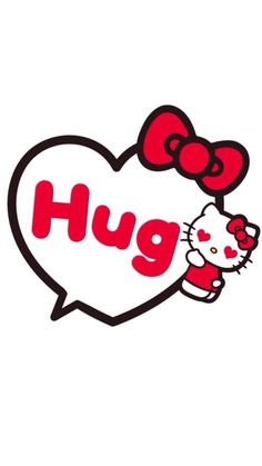 a hello kitty hugging the word hug in a heart shape with red bows on it's head