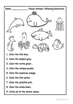 the ocean animals following directions worksheet