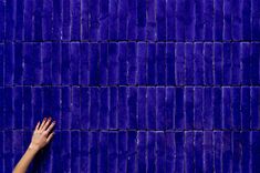 a woman's hand reaching up against a purple wall with blue tiles on it