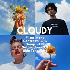 two different images with the same person holding a flower in front of their face and clouds behind them