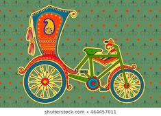 a colorful bicycle with a basket on the back and an ornamental pattern in the background