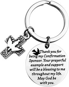 a keychain with a cross on it that says thank you for being my information sponsor