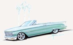 a drawing of a green convertible car with palm trees in the background