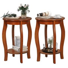 two wooden tables sitting next to each other