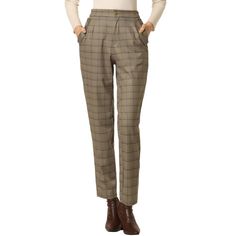 Retro and classic, this pant style with softly plaid fabric and an elastic waist. Plaid Pattern, is stylish and can be paired with blouses, sweaters, jackets, blazers, and overcoats. Perfectly pair with tops and casual shoes for a vintage and fashionable look. A classic plaid motif adds timeless sophistication to long pants with an easy design. Suitable for Casual, Street, Dating, Party, Weekend Gatherings, Holidays, and Daily Wear. Winter Office Brown Bottoms, Plaid Tapered Leg Pants For Fall, Classic Khaki Bottoms For Fall, Beige Relaxed Fit Pants For Fall, Plaid Pants For Business Casual In Fall, Plaid Workwear Pants With Elastic Waistband, Elegant Plaid Bottoms For Fall, Plaid Pants With Elastic Waistband For Work, Classic Beige Pants For Winter