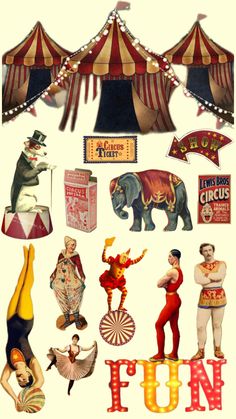 an image of circus signs and clowns