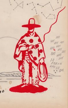 a red and white drawing of a man with a hat on holding a lasso