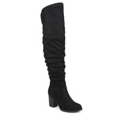 The ruched over-the-knee boots by Journee Collection is constructed with soft faux suede uppers that rise over the knees with raised vamps that create stylish detail. A rounded toe and stacked chunky high-heels finish the design At Journee Collection our boot styles will have your outfit looking even better than before. They will give you that finishing touch that will have your outfit looking straight out of a magazine. Extra Wide Calf Boots, Womens Tall Boots, Stacked Heel Boots, Women's Over The Knee Boots, Chunky High Heels, Black Heel Boots, Slouched Boots, Wide Calf Boots, Wide Calf