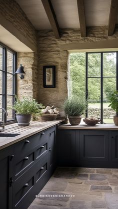 a kitchen filled with lots of counter top space next to a window covered in potted plants