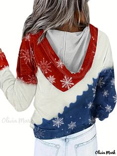 Olivia Mark - Women's Sweatshirt Casual Christmas Snowman Print Fashion Drop Shoulder Hooded Loose Hoodie Thermal Hoodie, Holiday Attire, Loose Hoodie, Pockets Fashion, Christmas Print, Printed Drawstring, Long Sleeve Sweatshirt, Drawstring Hoodie, Casual Hoodie