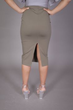 Midi Skirt with High Split (Olive) – The Kyra Danaya Collection Below The Knee Skirt, Night Skirt, Knee Skirt, Knee Skirts, Classy Work Outfits, Tie Neck Blouse, Professional Look, Hot Outfits, Tie Neck