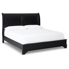 a black bed frame with white sheets and pillows on top of it, in front of a white background