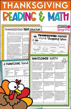 thanksgiving reading and math worksheet with turkeys on the front, an image of a